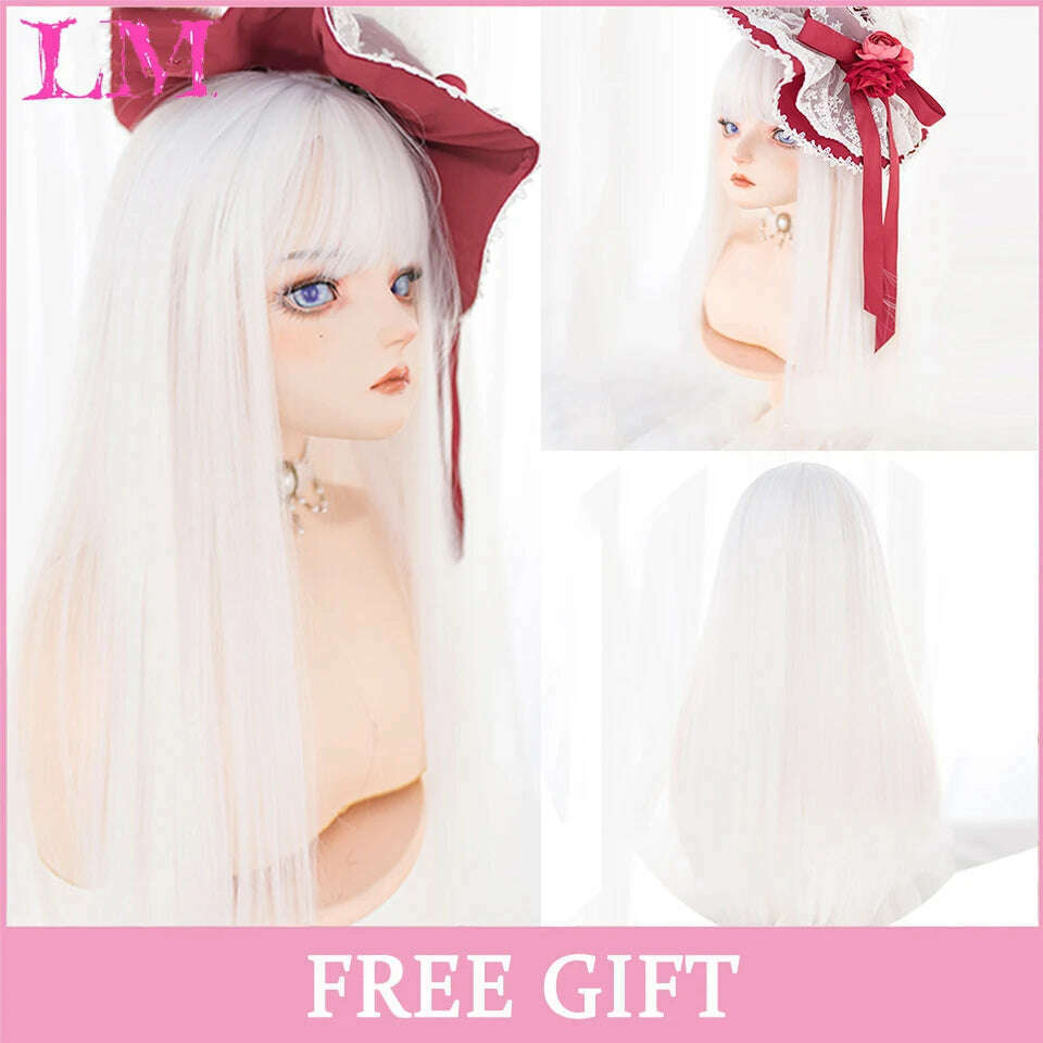 KIMLUD, LM Long Natural Wavy Platinum Blonde Pink Wigs with Bangs Cosplay Party Lolita Synthetic Wigs for Women Heat Resistant Fiber, P4/24, KIMLUD APPAREL - Womens Clothes