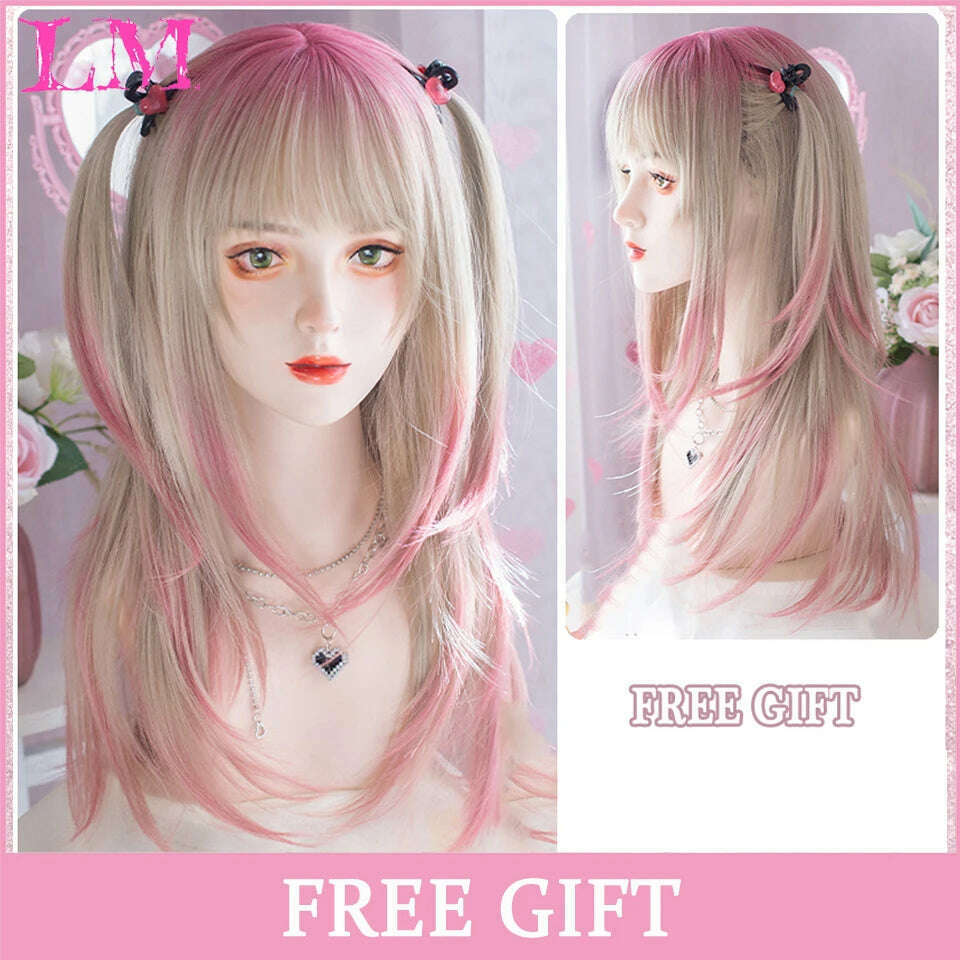 KIMLUD, LM Long Natural Wavy Platinum Blonde Pink Wigs with Bangs Cosplay Party Lolita Synthetic Wigs for Women Heat Resistant Fiber, 1B/30HL, KIMLUD APPAREL - Womens Clothes