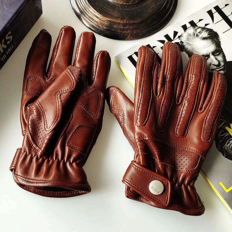 KIMLUD, Locomotive Lambskin Gloves For Men European and American Retro Brown Male Protective Gear Professional Riding Leather Mittens, KIMLUD Womens Clothes