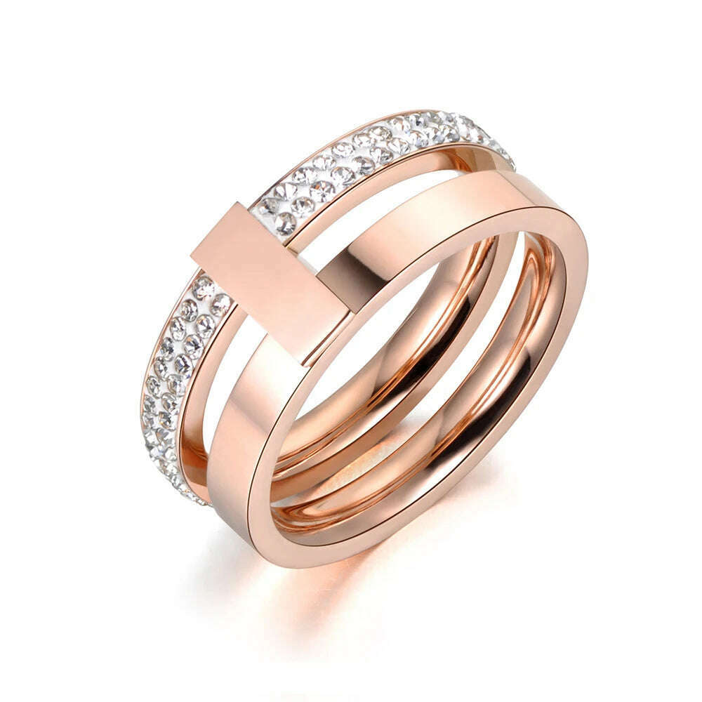 KIMLUD, Lokaer Rose Gold Color White Rhinestone Shell Wedding Rings Jewelry 316L Stainless Steel Engagement Ring For Women Кольцо R18050, KIMLUD Womens Clothes