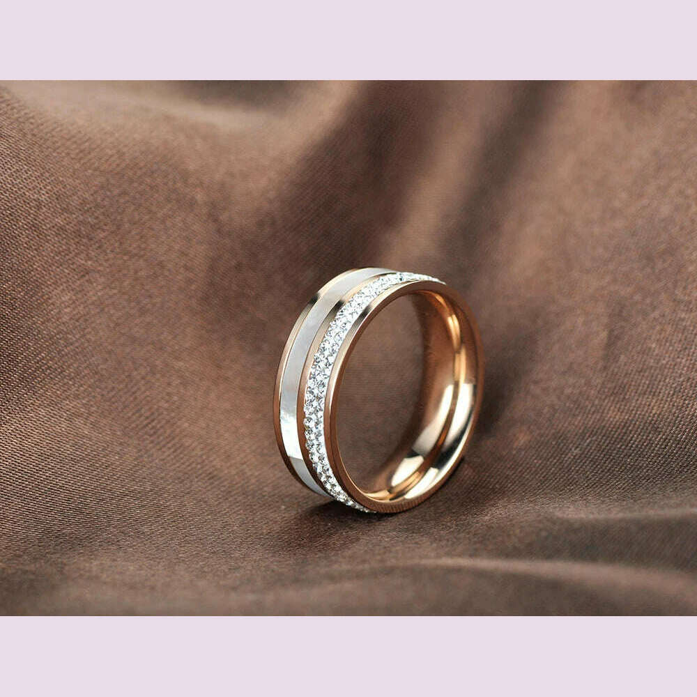 KIMLUD, Lokaer Rose Gold Color White Rhinestone Shell Wedding Rings Jewelry 316L Stainless Steel Engagement Ring For Women Кольцо R18050, KIMLUD Womens Clothes