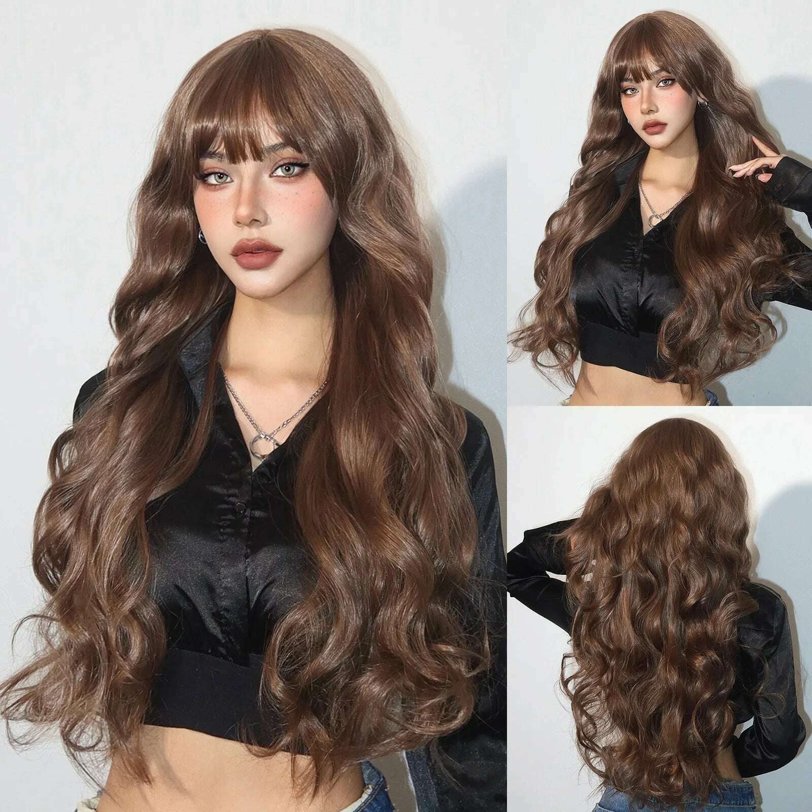 Long Body Wave Synthetic Wigs Dark Brown Wavy Wig with Bangs Chocolate Brown Hair for Women Full Wig Heat Resistant Daily Use - KIMLUD