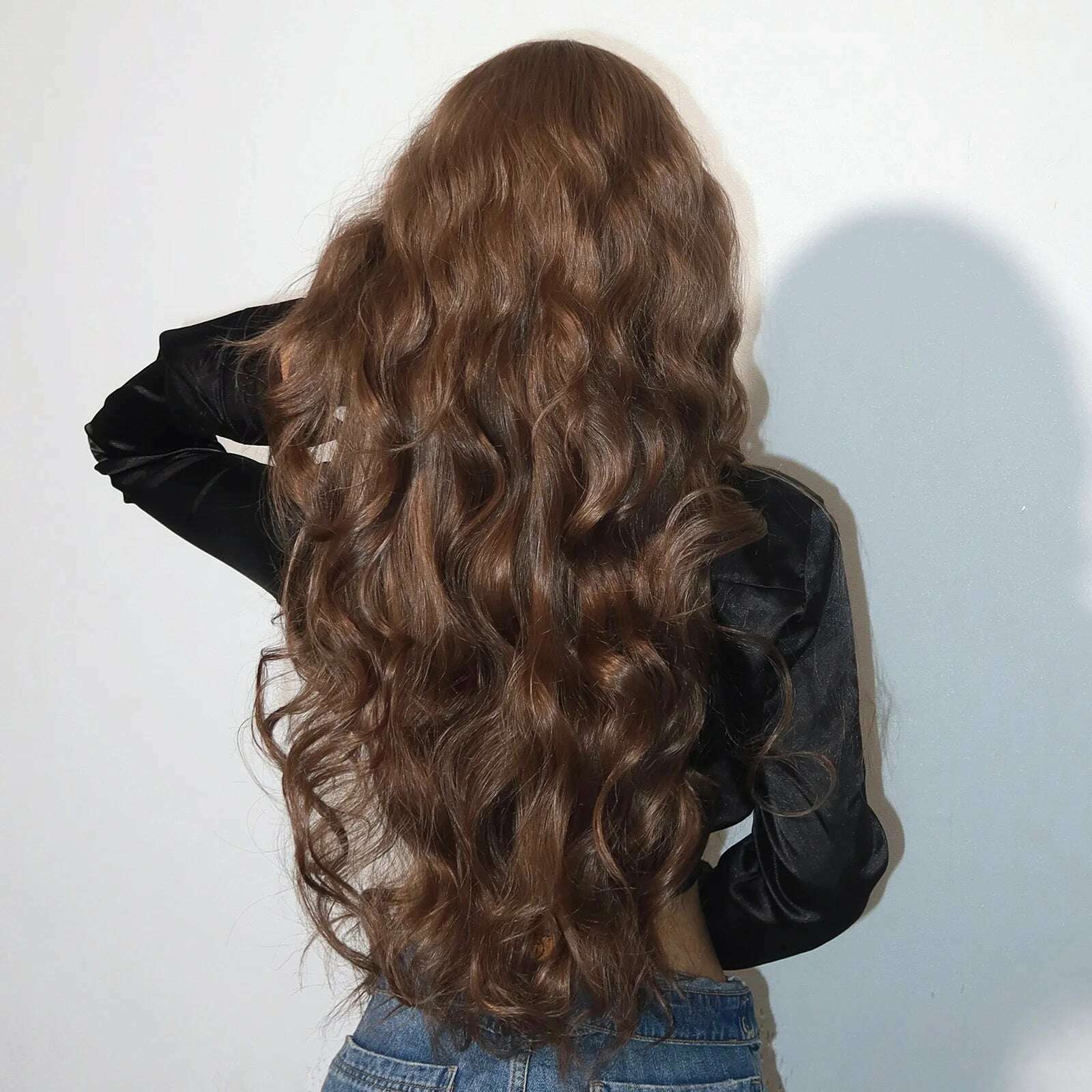 Long Body Wave Synthetic Wigs Dark Brown Wavy Wig with Bangs Chocolate Brown Hair for Women Full Wig Heat Resistant Daily Use - KIMLUD