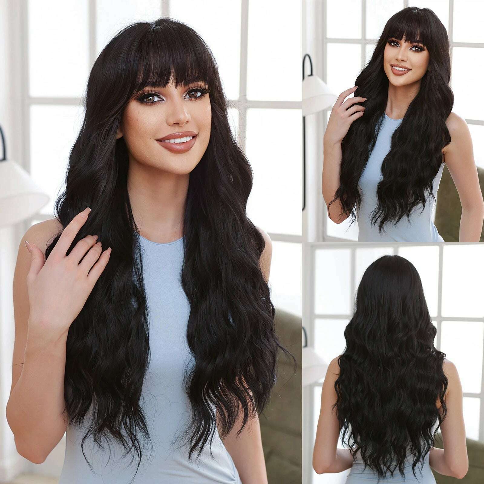 Long Body Wave Synthetic Wigs Dark Brown Wavy Wig with Bangs Chocolate Brown Hair for Women Full Wig Heat Resistant Daily Use - KIMLUD