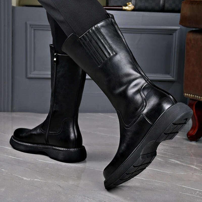 KIMLUD, Long Boots Men's High Barrel Genuine Leather Knight Thick Sole Vintage High Top Denim Martin Soft Leather Plush Elevated Horse, KIMLUD Womens Clothes