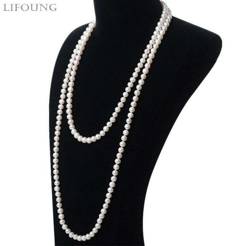 KIMLUD, Long Cream Glass Necklace For Women Imitation Pearl Party Jewelry Fashion Accessories Multi-layer Sweater Beads Chain 2022225, KIMLUD Womens Clothes