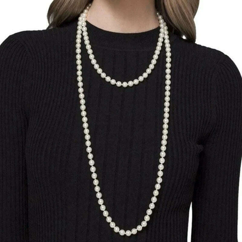 KIMLUD, Long Cream Glass Necklace For Women Imitation Pearl Party Jewelry Fashion Accessories Multi-layer Sweater Beads Chain 2022225, KIMLUD Womens Clothes