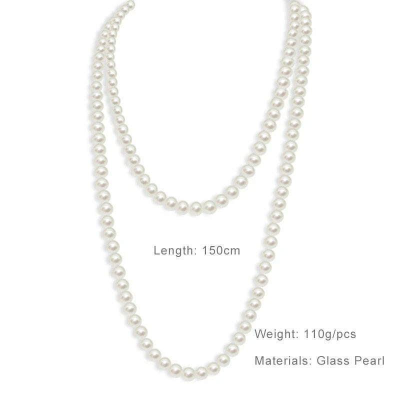 KIMLUD, Long Cream Glass Necklace For Women Imitation Pearl Party Jewelry Fashion Accessories Multi-layer Sweater Beads Chain 2022225, KIMLUD Womens Clothes