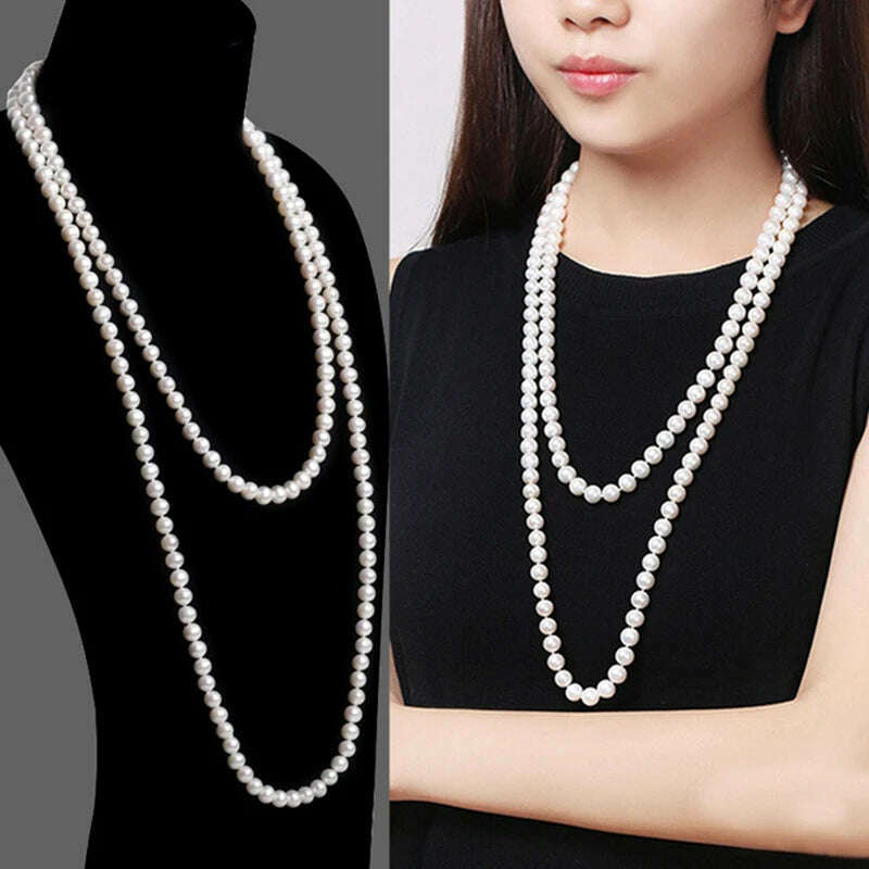 KIMLUD, Long Cream Glass Necklace For Women Imitation Pearl Party Jewelry Fashion Accessories Multi-layer Sweater Beads Chain 2022225, KIMLUD Womens Clothes