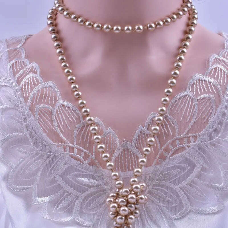 KIMLUD, Long Cream Glass Necklace For Women Imitation Pearl Party Jewelry Fashion Accessories Multi-layer Sweater Beads Chain 2022225, Topaz Glass Pearl NK, KIMLUD Womens Clothes
