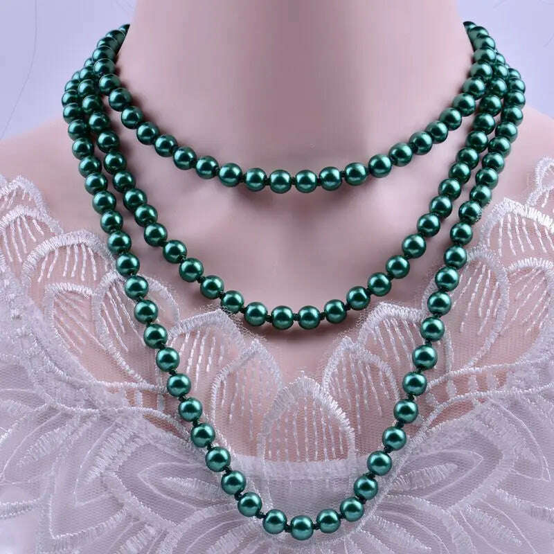 KIMLUD, Long Cream Glass Necklace For Women Imitation Pearl Party Jewelry Fashion Accessories Multi-layer Sweater Beads Chain 2022225, Green Glass Pearl NK, KIMLUD Womens Clothes