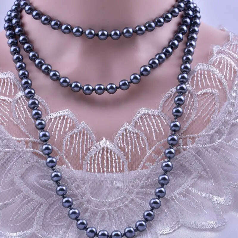 KIMLUD, Long Cream Glass Necklace For Women Imitation Pearl Party Jewelry Fashion Accessories Multi-layer Sweater Beads Chain 2022225, Grey Glass Pearl NK, KIMLUD Womens Clothes