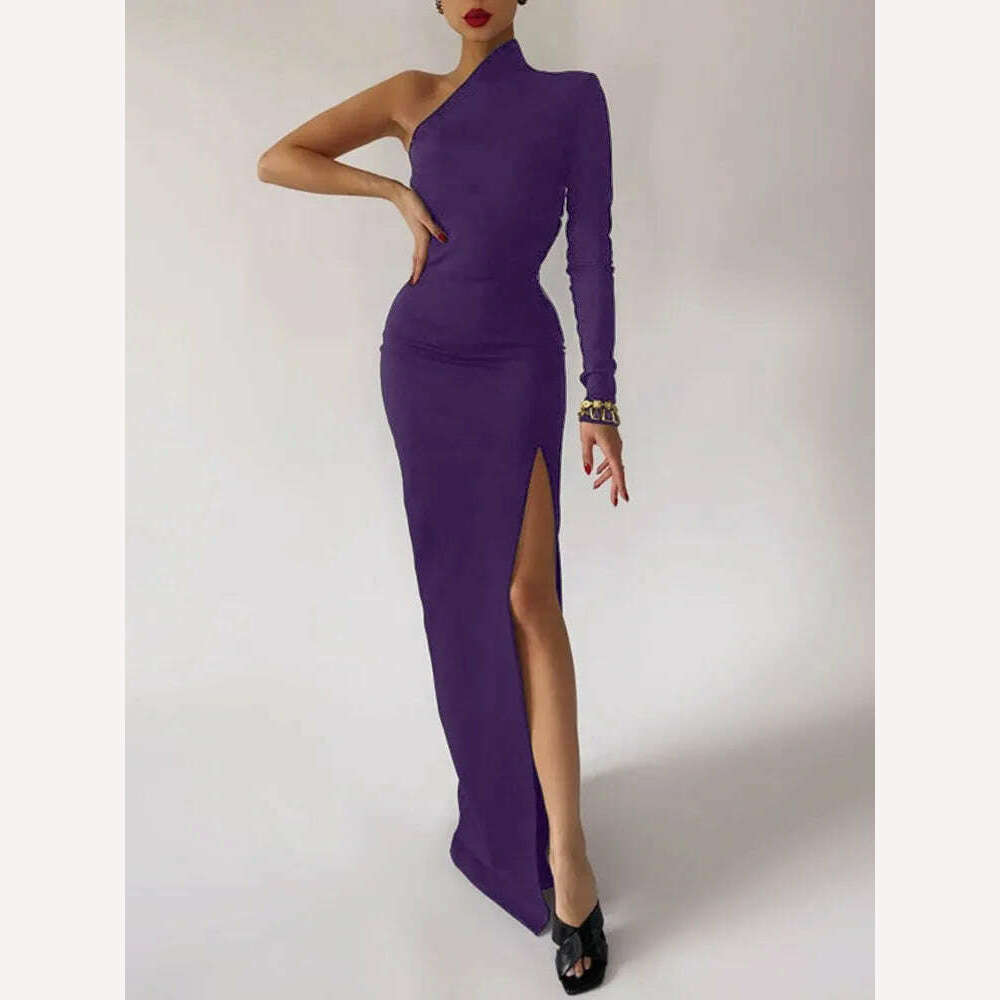 KIMLUD, Long Elegant Dresses for Women Summer One Shoulder Maxi Dress Bodycon Sexy Black Slit Fomal Wedding Evening Party Dress 2022, KIMLUD Womens ClothesKIMLUD, Long Elegant Dresses for Women Summer One Shoulder Maxi Dress Bodycon Sexy Black Slit Fomal Wedding Evening Party Dress 2022, Purple / XS, KIMLUD APPAREL - Womens Clothes