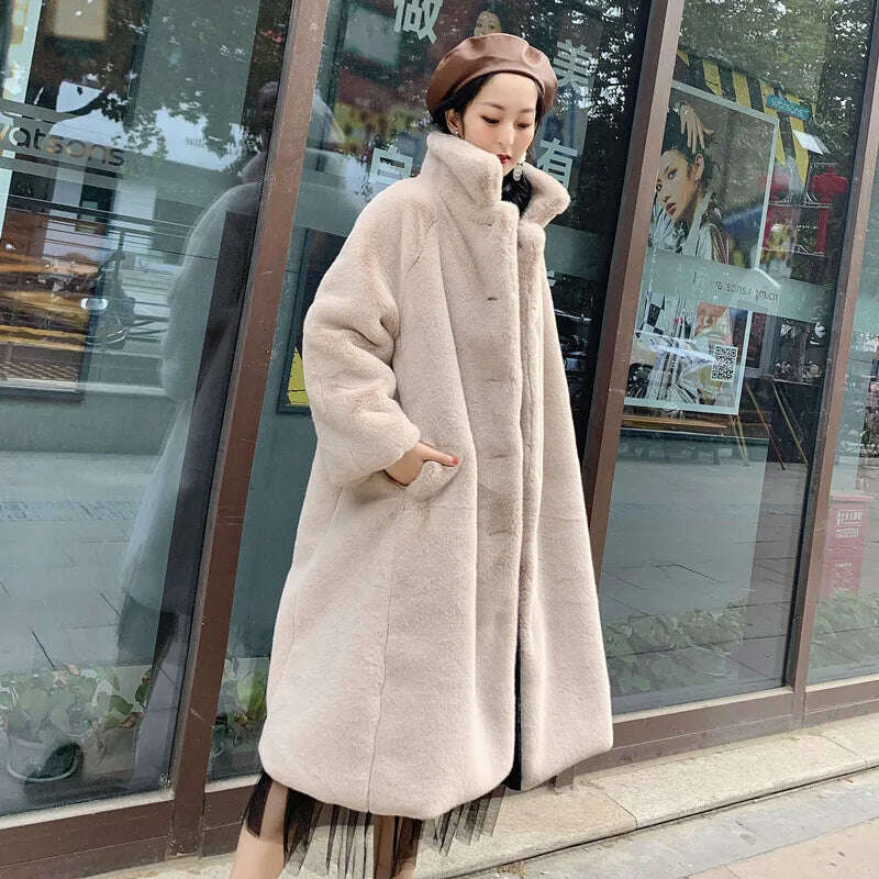 KIMLUD, Long Faux Fur Coat Women Fashion Solid Color Artificial Mink Fur Jacket Winter Thick Warm Velvet Plush Overcoat Female Clothing, Beige / S, KIMLUD Womens Clothes