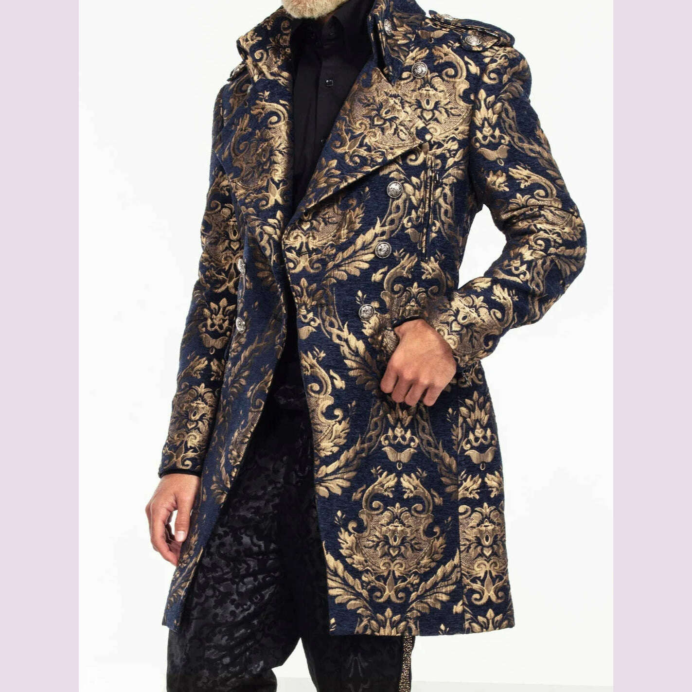 KIMLUD, Long Floral Suit Jacket for Men Notch Lapel Double Breasted Jacquard Male Blazer One Piece Fashion Coat 2025 Custom Made, Navy Blue / L (EU50 or US40), KIMLUD APPAREL - Womens Clothes
