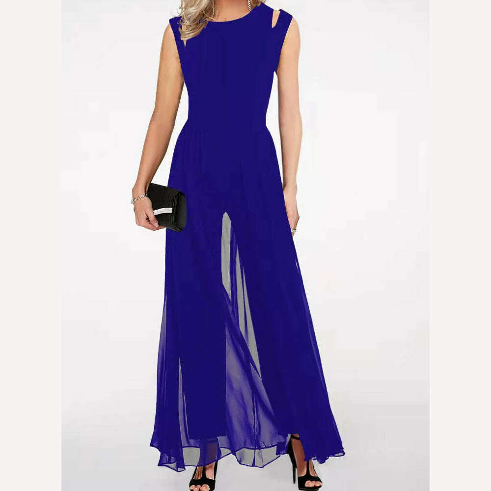 KIMLUD, Long Jumpsuits Woman 2023 Chic Elegant Sleeveless Full Length Wide Leg Pants Chiffon Elegant Drape High Waist Female Jumpsuit, Blue / S, KIMLUD APPAREL - Womens Clothes