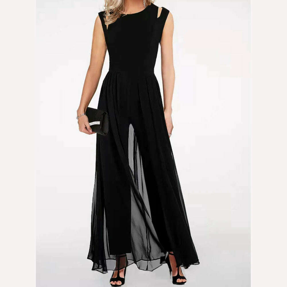 KIMLUD, Long Jumpsuits Woman 2023 Chic Elegant Sleeveless Full Length Wide Leg Pants Chiffon Elegant Drape High Waist Female Jumpsuit, KIMLUD Womens Clothes