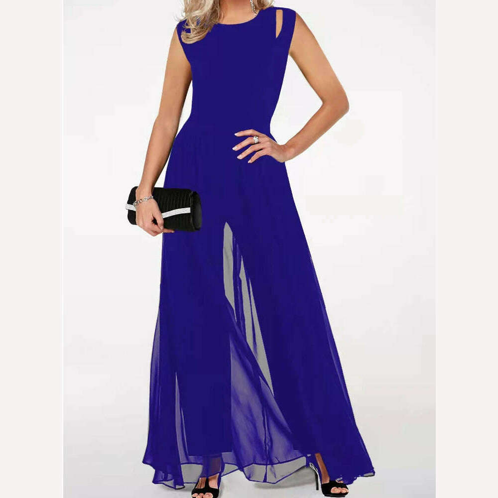 KIMLUD, Long Jumpsuits Woman 2023 Chic Elegant Sleeveless Full Length Wide Leg Pants Chiffon Elegant Drape High Waist Female Jumpsuit, KIMLUD Womens Clothes