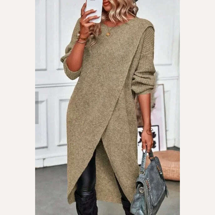 Long Knitted Sweater Women 2023 Gray Pullovers Autumn Winter Khaki Warm Fur Jumpers Maxi Y2k E-girl Jumper Work Sueter Mujer - KIMLUD
