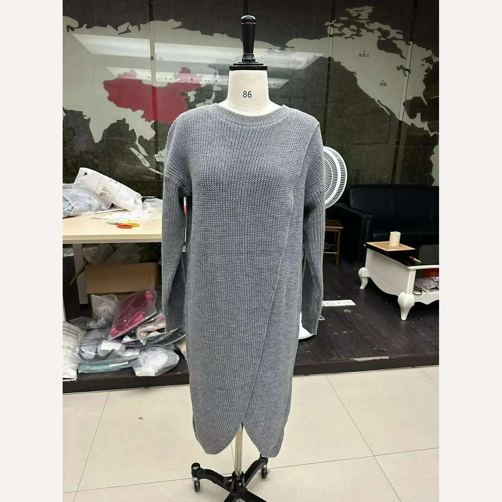 Long Knitted Sweater Women 2023 Gray Pullovers Autumn Winter Khaki Warm Fur Jumpers Maxi Y2k E-girl Jumper Work Sueter Mujer - KIMLUD