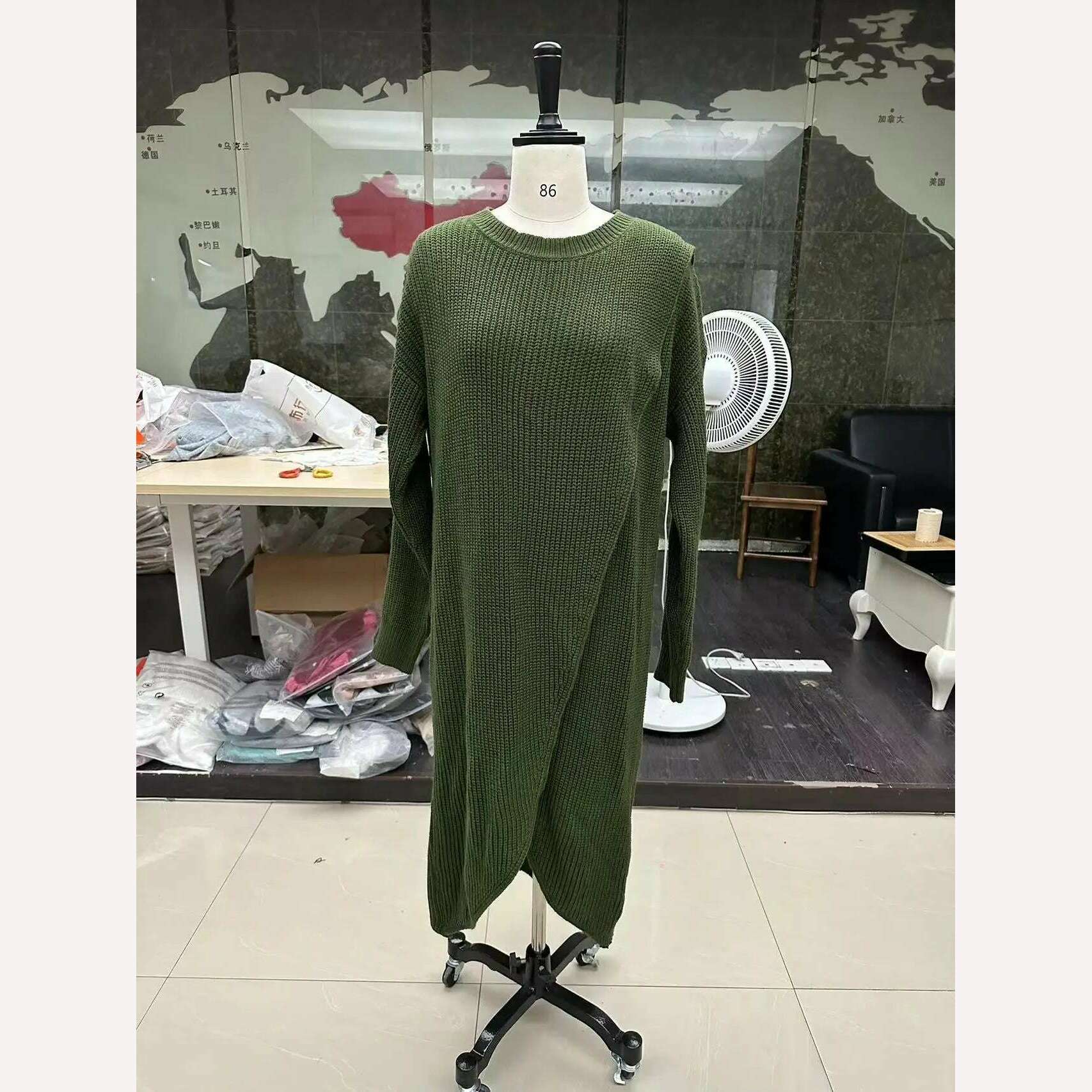 Long Knitted Sweater Women 2023 Gray Pullovers Autumn Winter Khaki Warm Fur Jumpers Maxi Y2k E-girl Jumper Work Sueter Mujer - KIMLUD