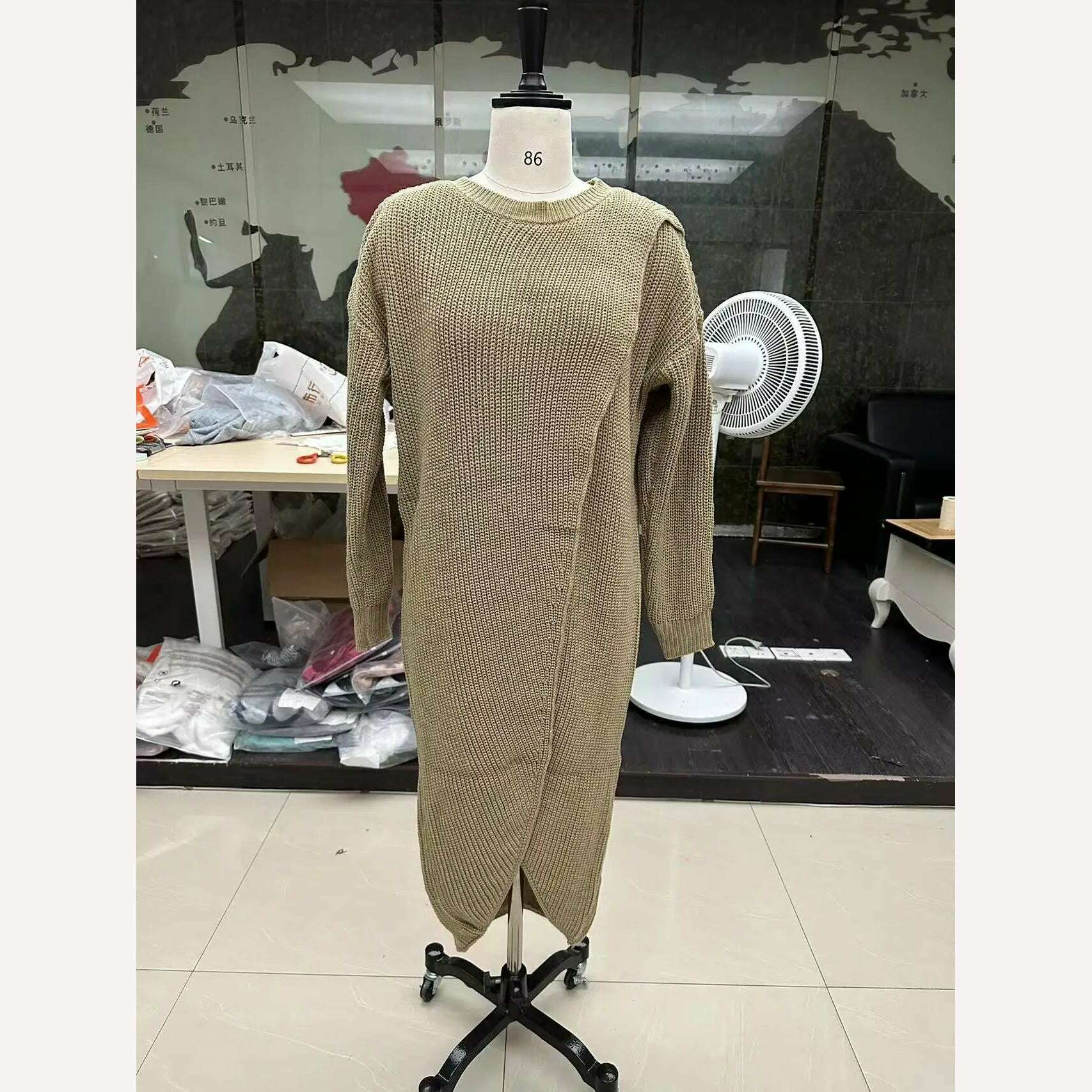 Long Knitted Sweater Women 2023 Gray Pullovers Autumn Winter Khaki Warm Fur Jumpers Maxi Y2k E-girl Jumper Work Sueter Mujer - KIMLUD