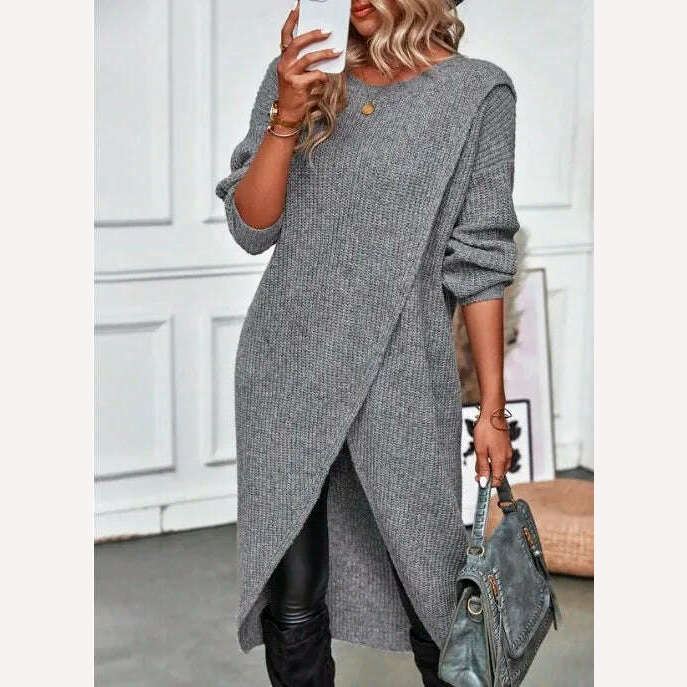 Long Knitted Sweater Women 2023 Gray Pullovers Autumn Winter Khaki Warm Fur Jumpers Maxi Y2k E-girl Jumper Work Sueter Mujer - KIMLUD