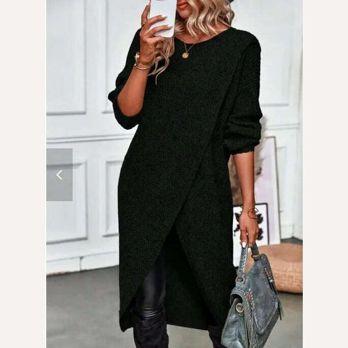 Long Knitted Sweater Women 2023 Gray Pullovers Autumn Winter Khaki Warm Fur Jumpers Maxi Y2k E-girl Jumper Work Sueter Mujer - KIMLUD