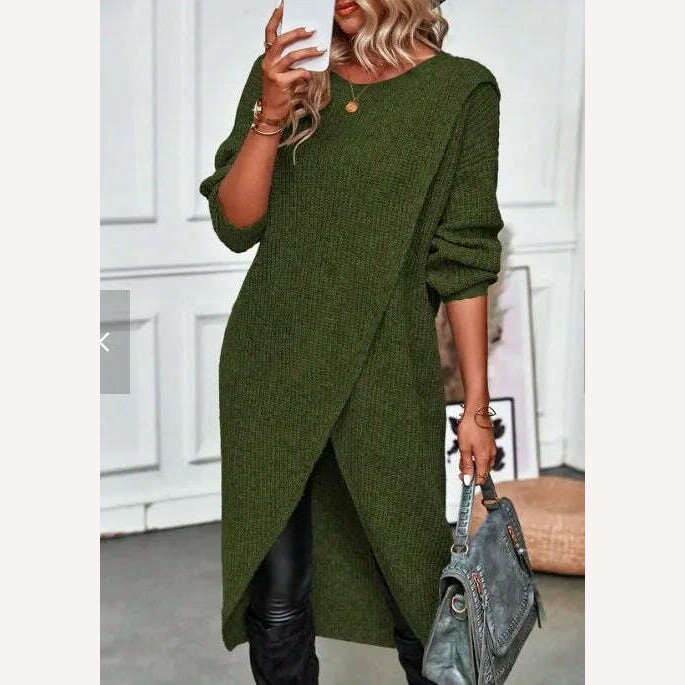 Long Knitted Sweater Women 2023 Gray Pullovers Autumn Winter Khaki Warm Fur Jumpers Maxi Y2k E-girl Jumper Work Sueter Mujer - KIMLUD