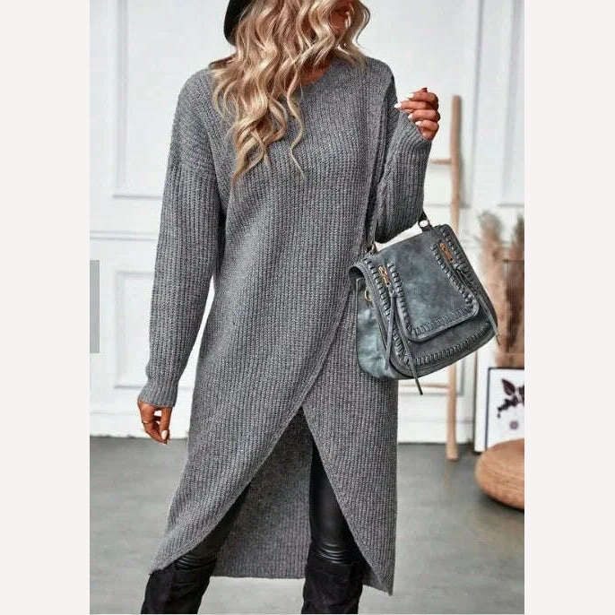 Long Knitted Sweater Women 2023 Gray Pullovers Autumn Winter Khaki Warm Fur Jumpers Maxi Y2k E-girl Jumper Work Sueter Mujer - KIMLUD