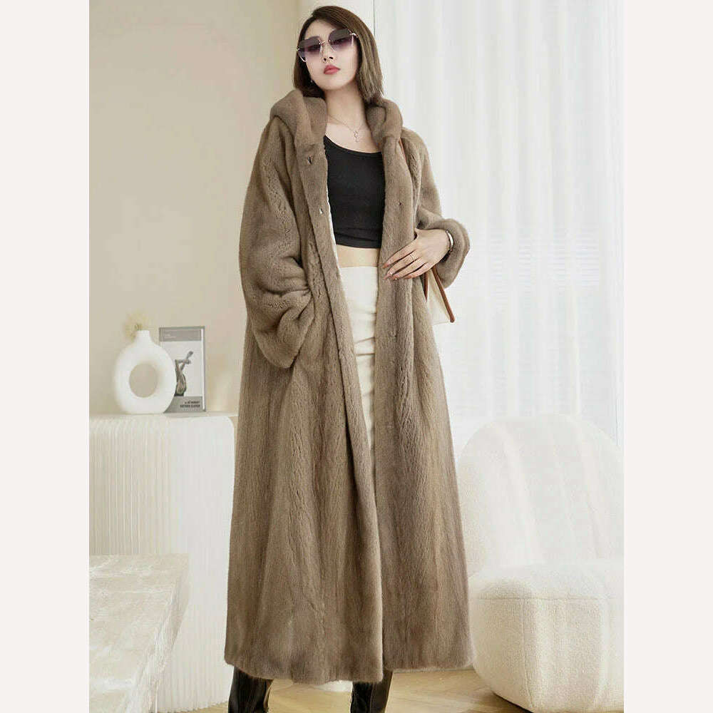 KIMLUD, Long Mink Fur Coat Women 2024 Winter New Fashion Thick Warmth Hooded Loose Faux Fur Coat, Light brown / M, KIMLUD APPAREL - Womens Clothes