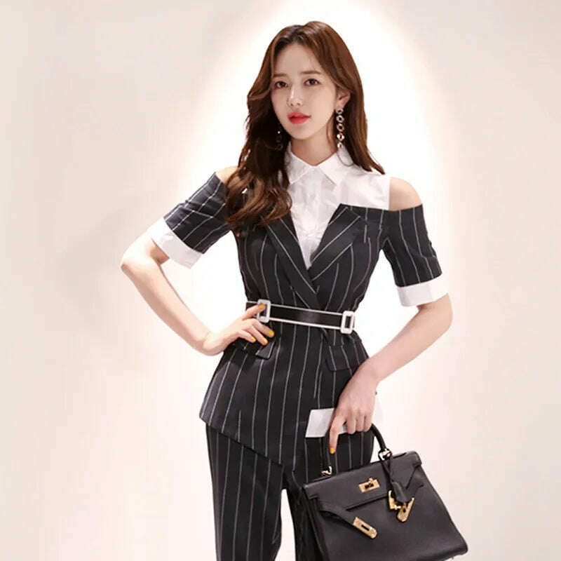 KIMLUD, Long Pants OL Work Set 2023 Women Single Breasted Two-piece Set Stripe Notched Suits Top Female Blazer Jacket Pant Blazer Women, KIMLUD Womens Clothes