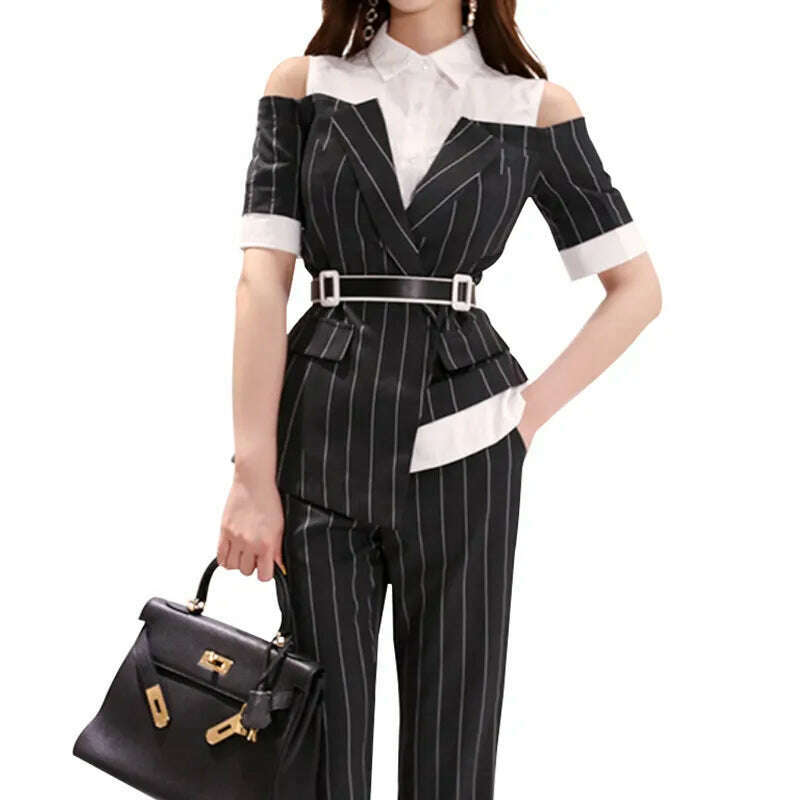 KIMLUD, Long Pants OL Work Set 2023 Women Single Breasted Two-piece Set Stripe Notched Suits Top Female Blazer Jacket Pant Blazer Women, KIMLUD Womens Clothes