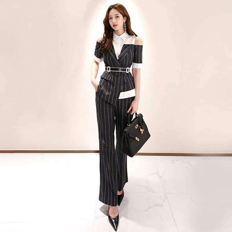 KIMLUD, Long Pants OL Work Set 2023 Women Single Breasted Two-piece Set Stripe Notched Suits Top Female Blazer Jacket Pant Blazer Women, KIMLUD Womens Clothes