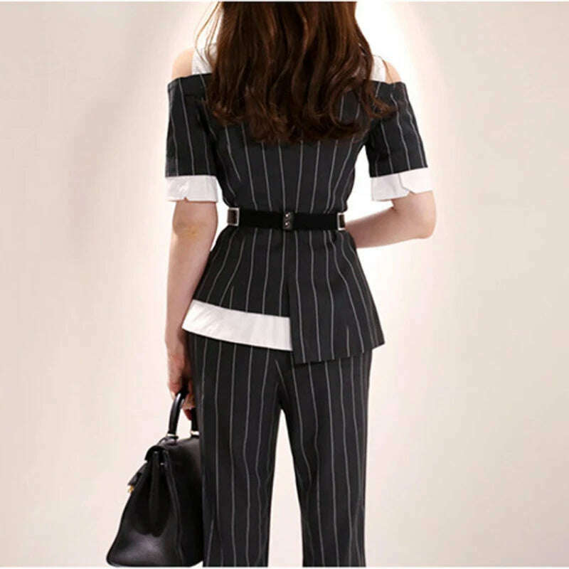 KIMLUD, Long Pants OL Work Set 2023 Women Single Breasted Two-piece Set Stripe Notched Suits Top Female Blazer Jacket Pant Blazer Women, KIMLUD Womens Clothes