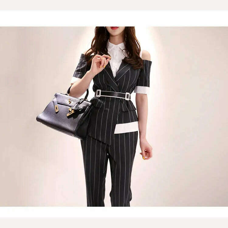 KIMLUD, Long Pants OL Work Set 2023 Women Single Breasted Two-piece Set Stripe Notched Suits Top Female Blazer Jacket Pant Blazer Women, KIMLUD Womens Clothes