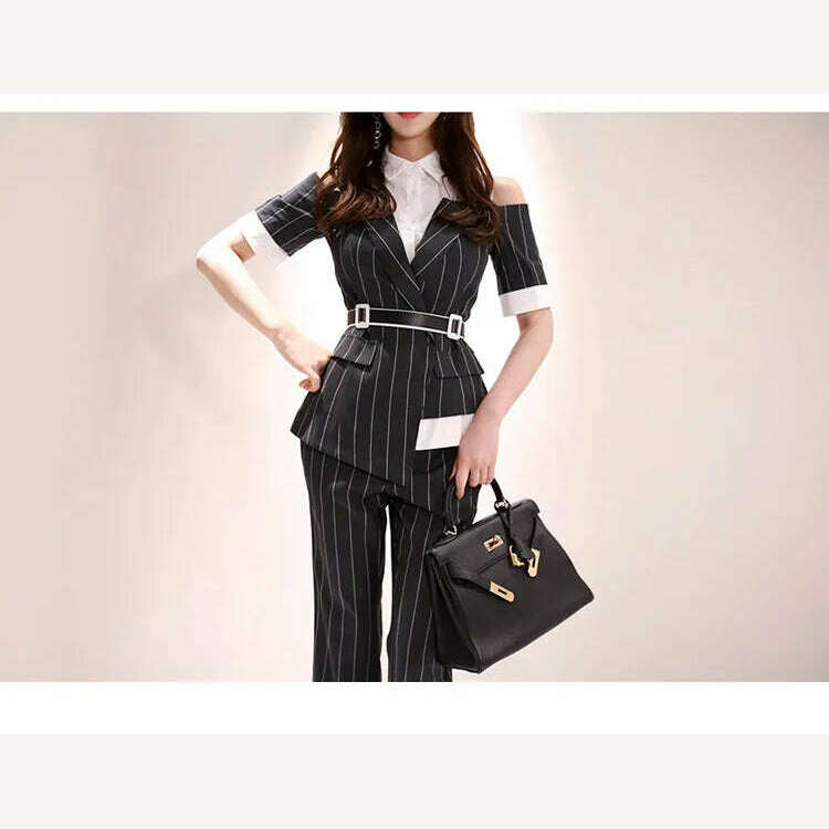 KIMLUD, Long Pants OL Work Set 2023 Women Single Breasted Two-piece Set Stripe Notched Suits Top Female Blazer Jacket Pant Blazer Women, KIMLUD Womens Clothes