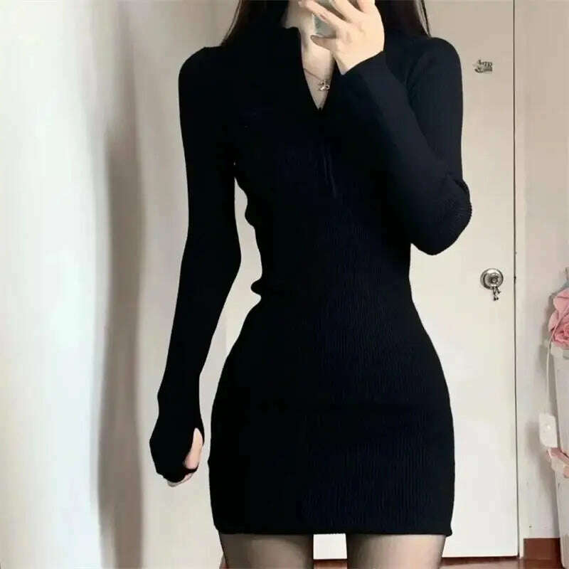 navy blue dress for baby girl Black Knitted Midi Dress Women Winter Slim Fit Long Sleeve Dress Contrast  Ruffle Trim Elegant High Waist Bodycon Sweater Dress main image 1
