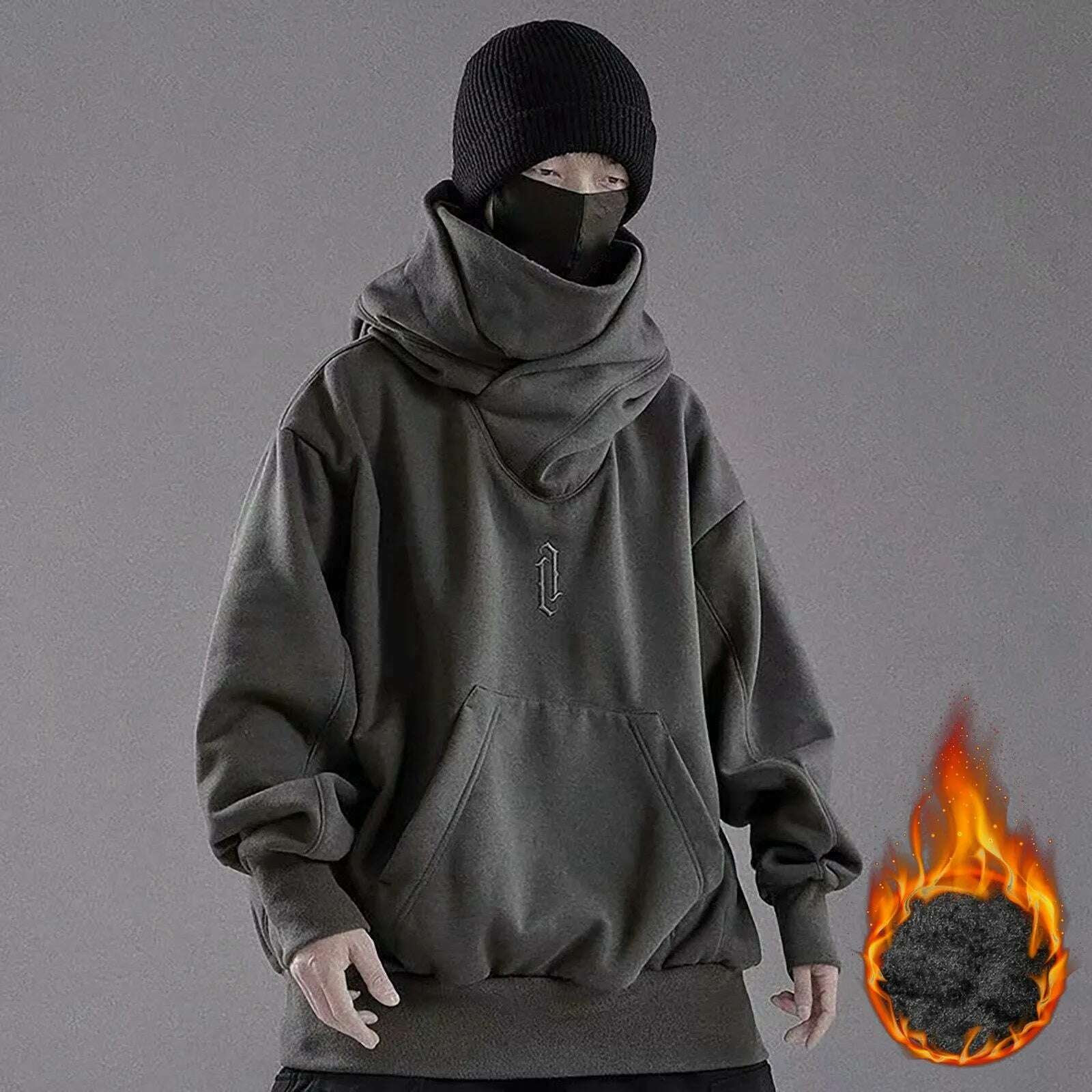 KIMLUD, Long Sleeve Hoodie Male Autumn Winter Sweatshirt Pocket Solid High Collar Loose Hoodies Fleece Hooded Sweatshirt For Man Hiphop, Grey / XL, KIMLUD APPAREL - Womens Clothes