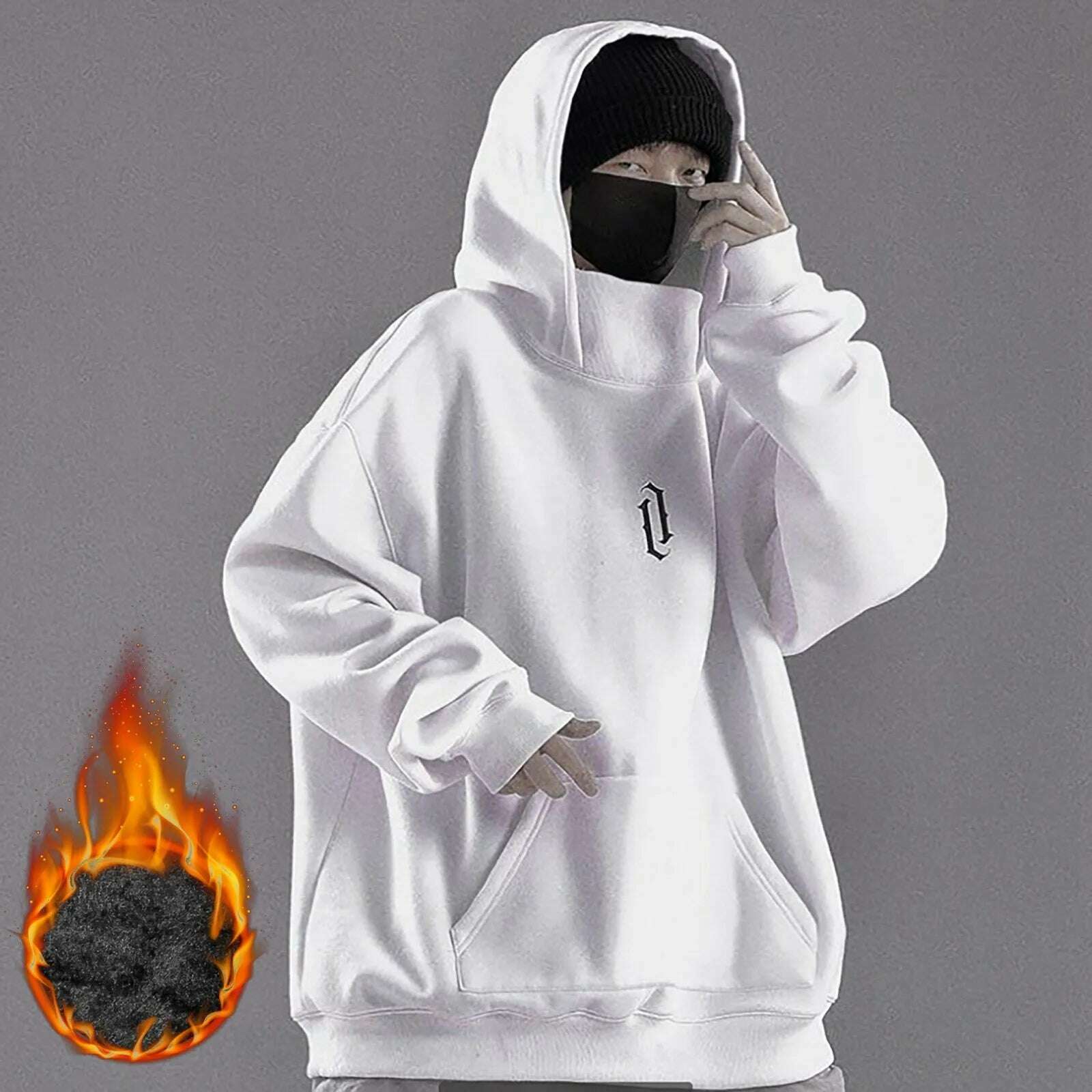KIMLUD, Long Sleeve Hoodie Male Autumn Winter Sweatshirt Pocket Solid High Collar Loose Hoodies Fleece Hooded Sweatshirt For Man Hiphop, White / XXL, KIMLUD APPAREL - Womens Clothes