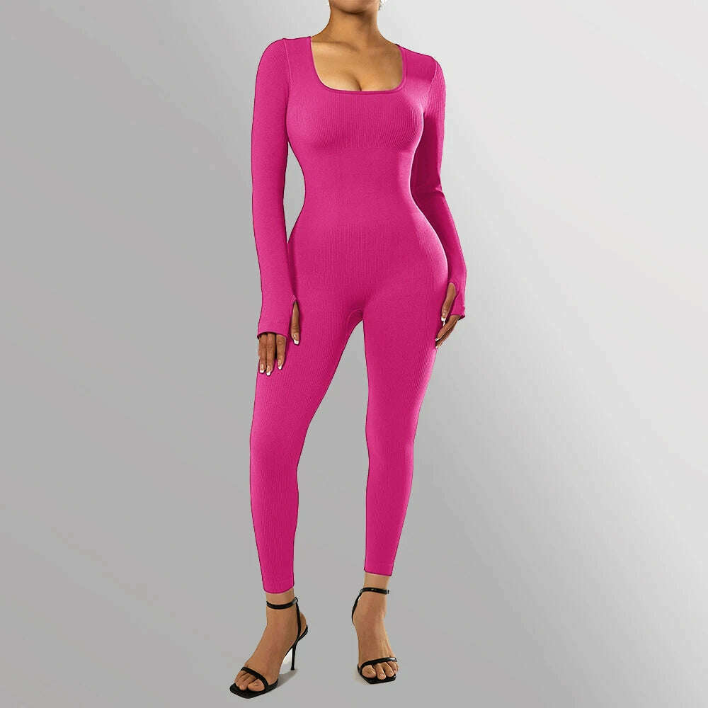 Long Sleeve Jumpsuit Women Bodycon One-piece Outfit Jumpsuit Square Neck Casual Streetwear Rompers Overalls playsuits Bodysuit - KIMLUD
