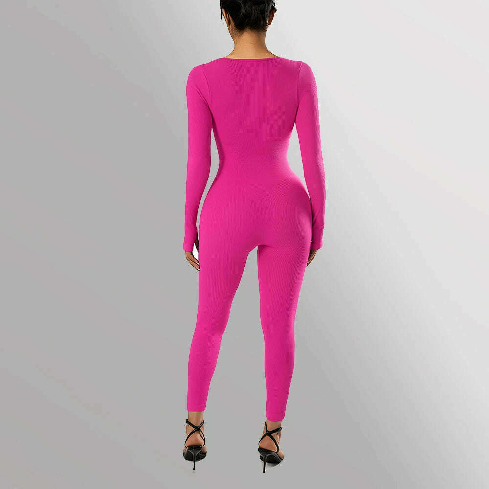 Long Sleeve Jumpsuit Women Bodycon One-piece Outfit Jumpsuit Square Neck Casual Streetwear Rompers Overalls playsuits Bodysuit - KIMLUD