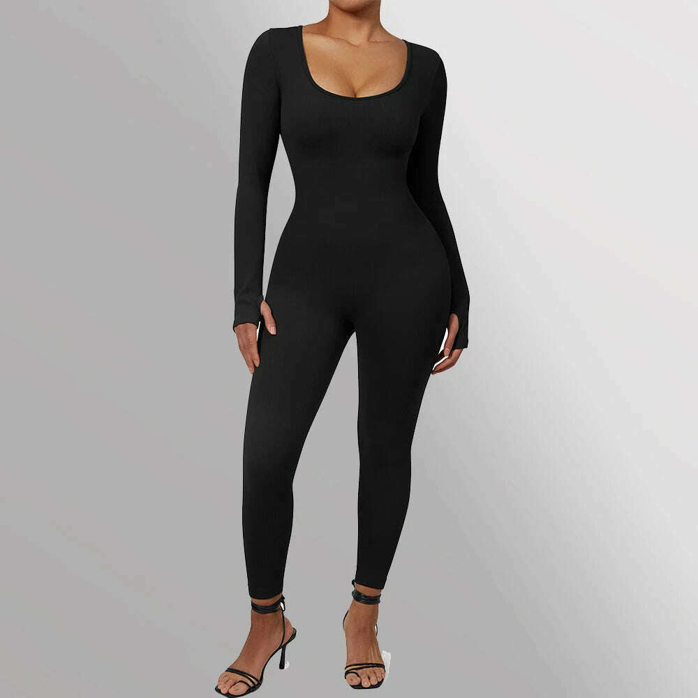 Long Sleeve Jumpsuit Women Bodycon One-piece Outfit Jumpsuit Square Neck Casual Streetwear Rompers Overalls playsuits Bodysuit - KIMLUD