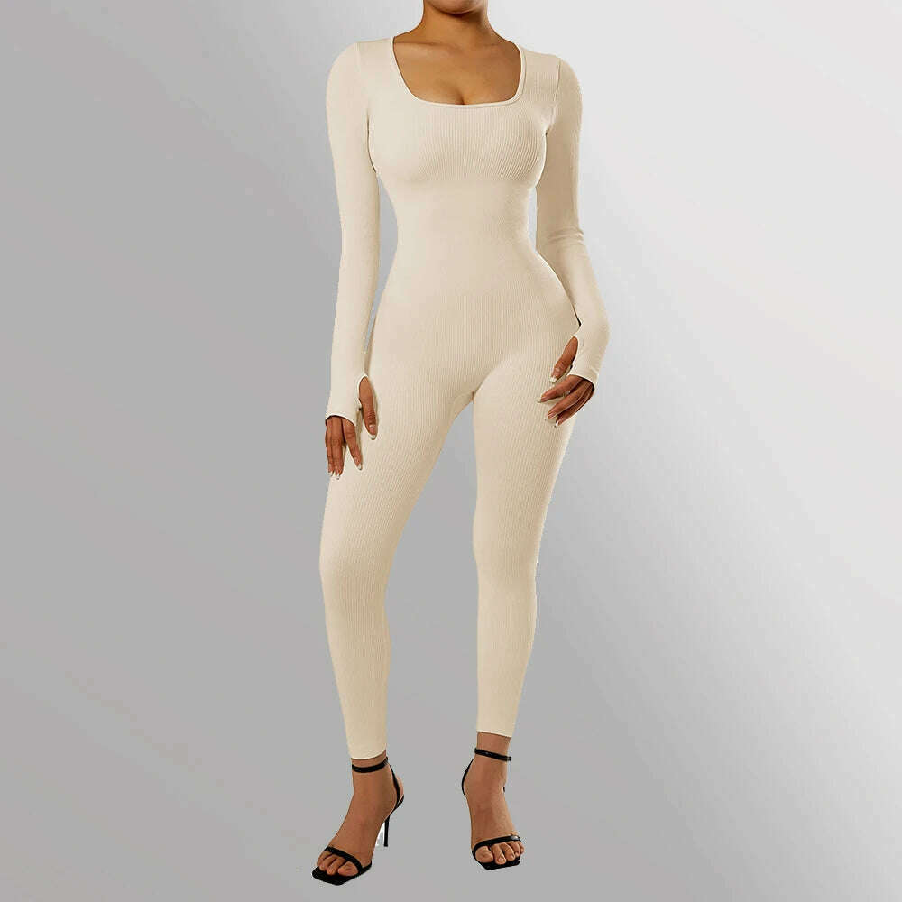 Long Sleeve Jumpsuit Women Bodycon One-piece Outfit Jumpsuit Square Neck Casual Streetwear Rompers Overalls playsuits Bodysuit - KIMLUD