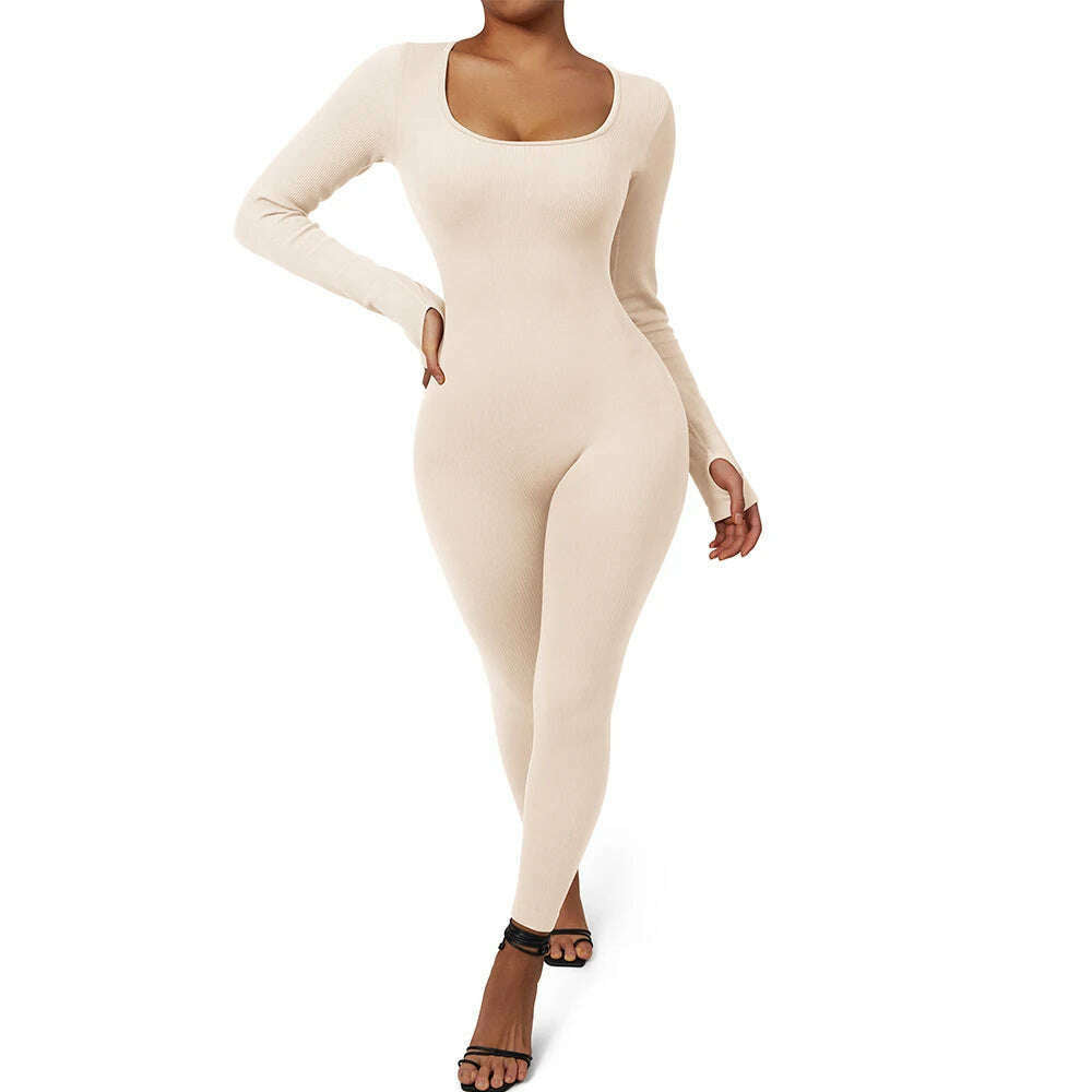 Long Sleeve Jumpsuit Women Bodycon One-piece Outfit Jumpsuit Square Neck Casual Streetwear Rompers Overalls playsuits Bodysuit - KIMLUD