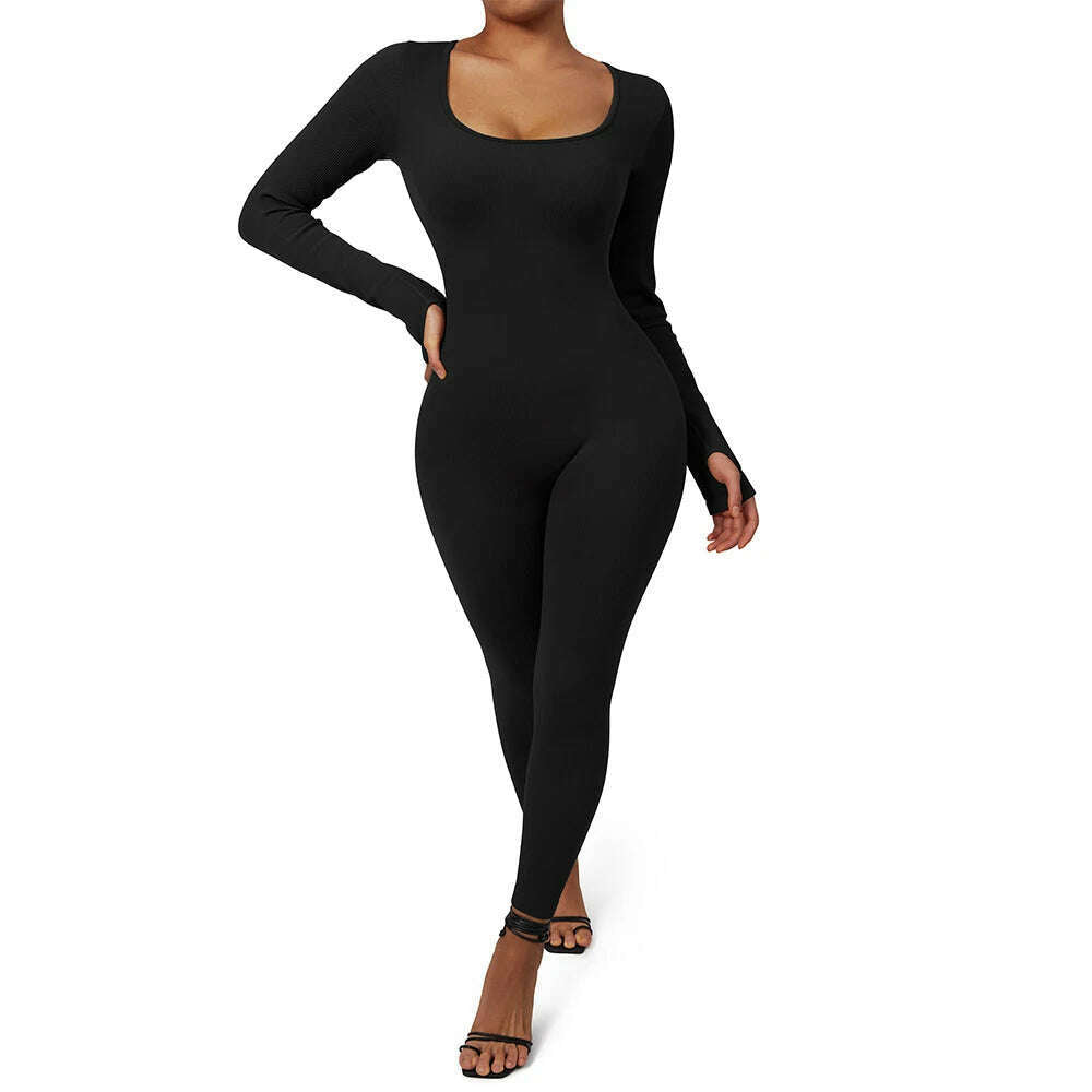 Long Sleeve Jumpsuit Women Bodycon One-piece Outfit Jumpsuit Square Neck Casual Streetwear Rompers Overalls playsuits Bodysuit - KIMLUD