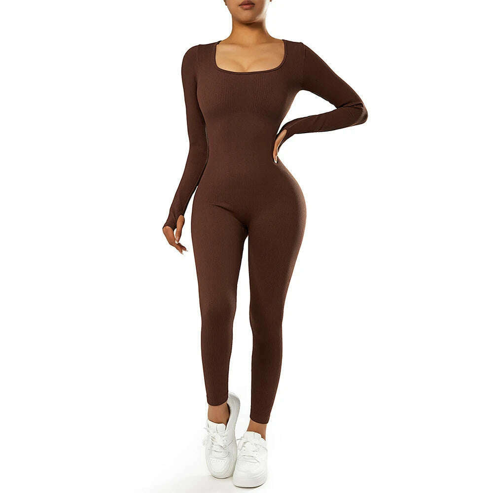 Long Sleeve Jumpsuit Women Bodycon One-piece Outfit Jumpsuit Square Neck Casual Streetwear Rompers Overalls playsuits Bodysuit - KIMLUD