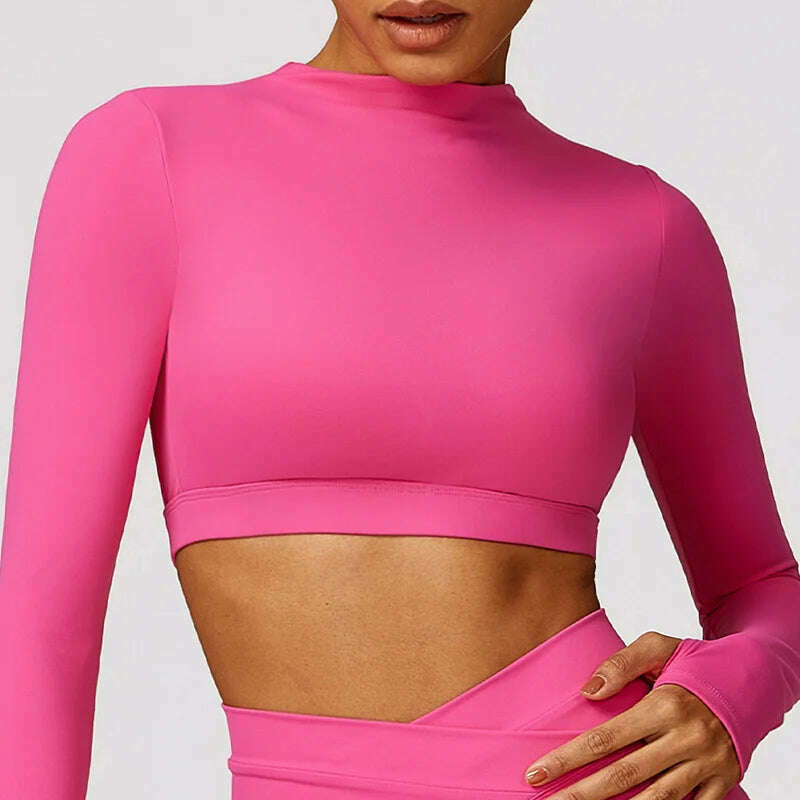 KIMLUD, Long Sleeve Solidcolor Лонгслив Женский Open Back Yoga Top Training Crop Top Fitness Gym Sports Top Workout Running T-Shirt, Red / M, KIMLUD APPAREL - Womens Clothes