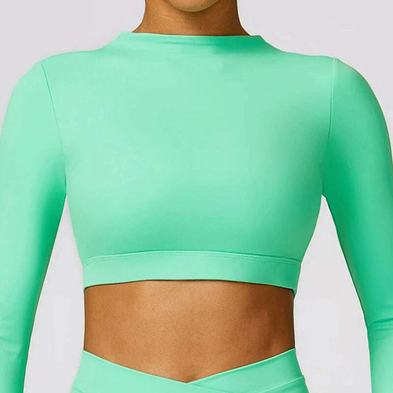 KIMLUD, Long Sleeve Solidcolor Лонгслив Женский Open Back Yoga Top Training Crop Top Fitness Gym Sports Top Workout Running T-Shirt, Apple Green / M, KIMLUD APPAREL - Womens Clothes