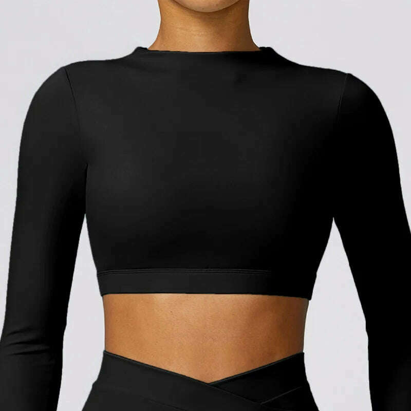 KIMLUD, Long Sleeve Solidcolor Лонгслив Женский Open Back Yoga Top Training Crop Top Fitness Gym Sports Top Workout Running T-Shirt, Black / M, KIMLUD APPAREL - Womens Clothes